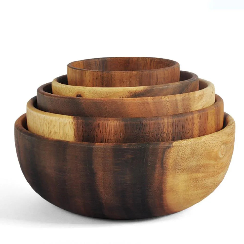 1Pcs Salad Bowl Natural Acacia Wood Handmade Tableware Salad Grains Dried Fruit Shallow Mouth Bowl