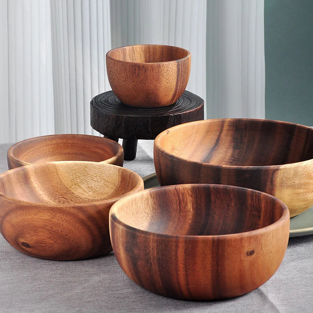 1Pcs Salad Bowl Natural Acacia Wood Handmade Tableware Salad Grains Dried Fruit Shallow Mouth Bowl