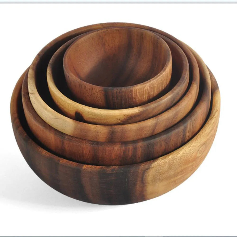1Pcs Salad Bowl Natural Acacia Wood Handmade Tableware Salad Grains Dried Fruit Shallow Mouth Bowl