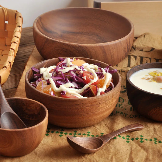 1Pcs Salad Bowl Natural Acacia Wood Handmade Tableware Salad Grains Dried Fruit Shallow Mouth Bowl